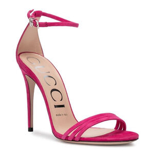 Gucci Ilse Bright Fuxia Pink Suede Crystal GG Logo Ankle Strap Heel Sandal 36